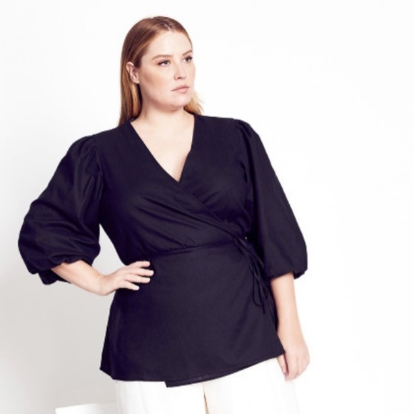 Refinity for City Chic black linen wrap top with balloon sleeves and tie Size 20 - Picture 7 of 16